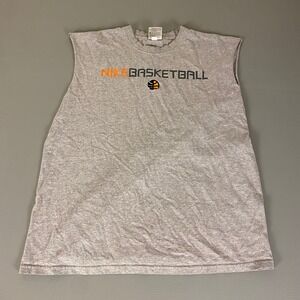 Vintage Nike Basketball T-Shirt Men's Large Gray Cut-Off Sleeve Graphic Logo y2K